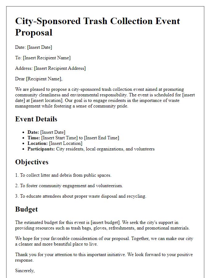 Letter template of a city-sponsored trash collection event proposal