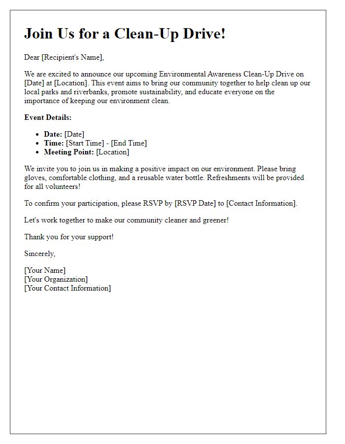 Letter template of an environmental awareness clean-up drive