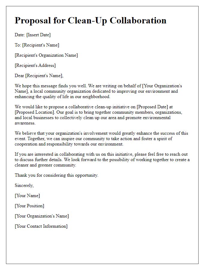 Letter template of a local organization clean-up collaboration proposal