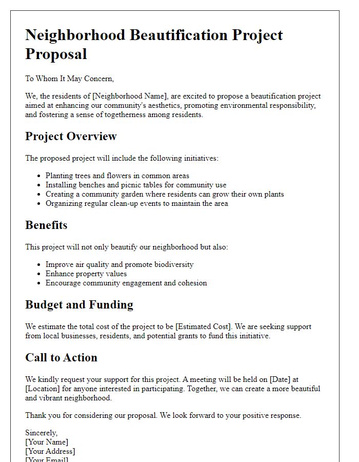 Letter template of a neighborhood beautification project proposal