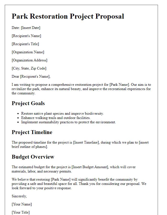 Letter template of a park restoration project proposal