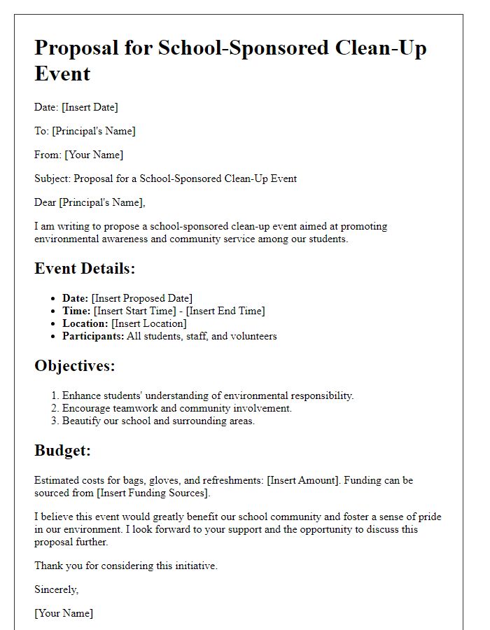 Letter template of a school-sponsored clean-up event proposal