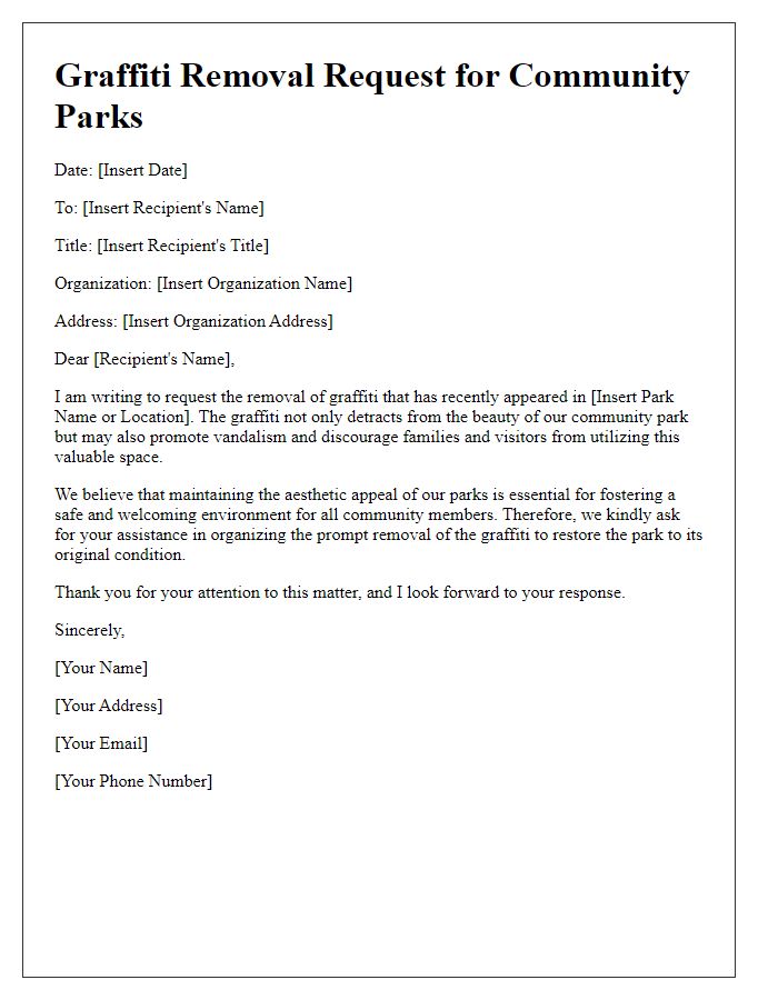 Letter template of graffiti removal request for community parks.