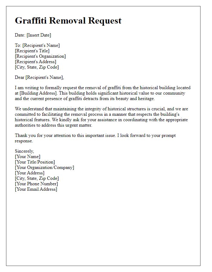 Letter template of graffiti removal request for historical buildings.