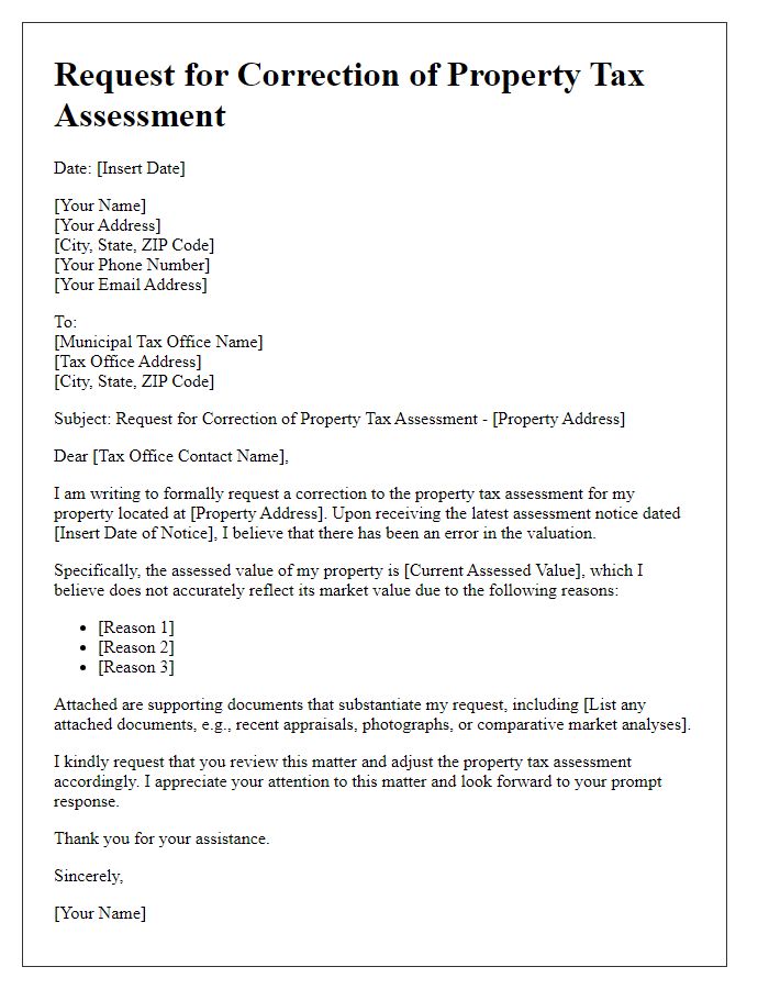 Letter template of municipal property tax assessment correction request