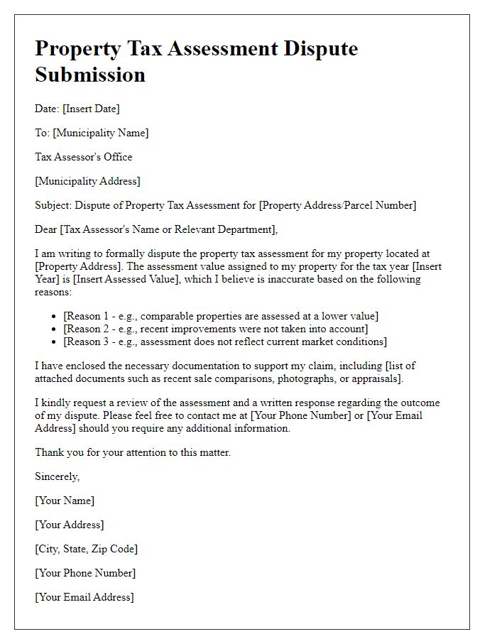 Letter template of municipal property tax assessment dispute submission