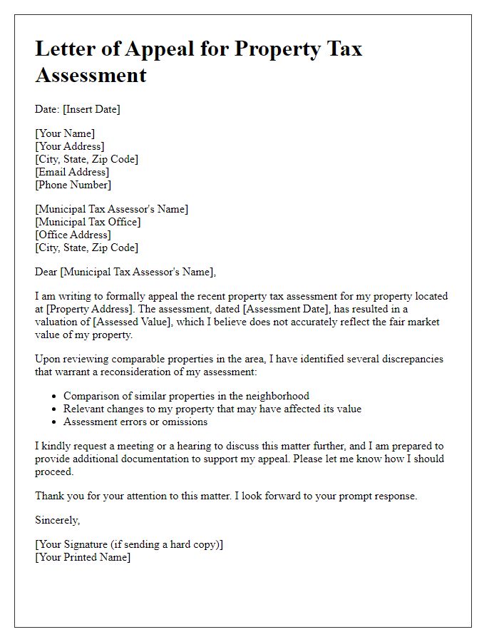 Letter template of municipal property tax assessment reconsideration appeal