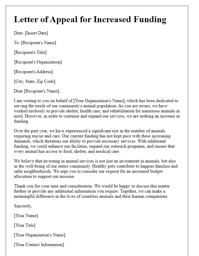 Letter template of appeal for increased funding for animal services.