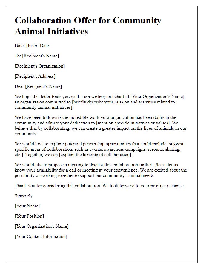 Letter template of collaboration offer for community animal initiatives.