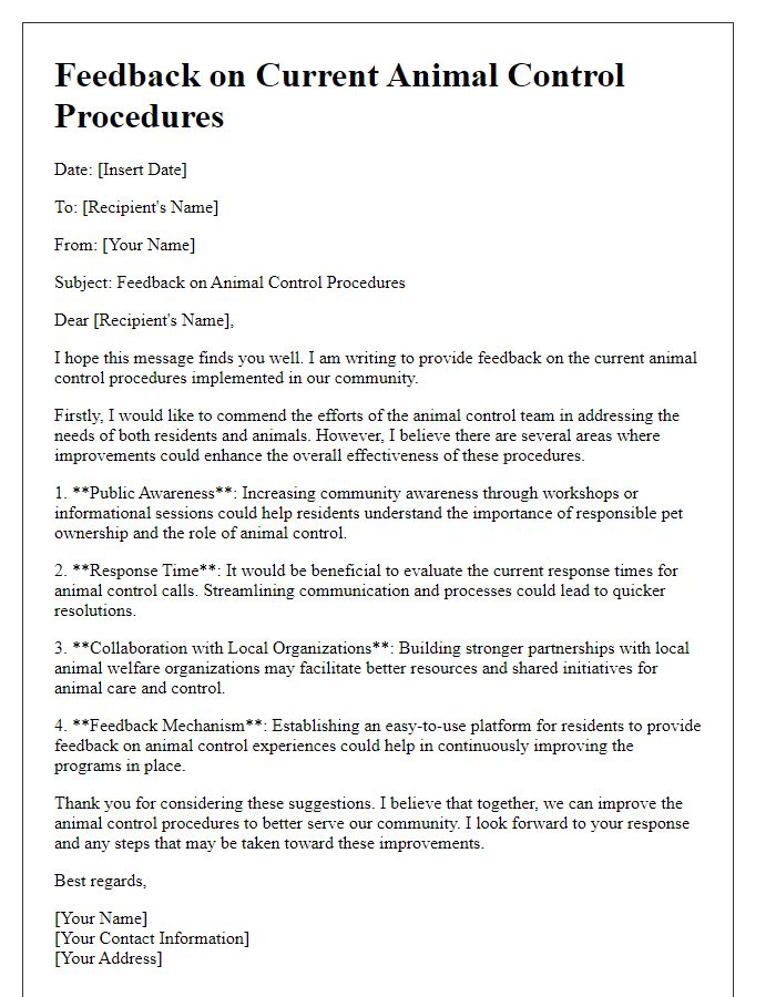 Letter template of feedback on current animal control procedures.