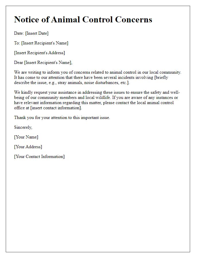 Letter template of notice regarding local animal control concerns.