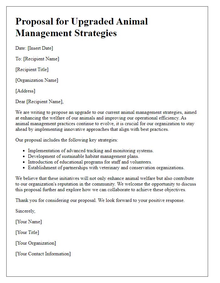 Letter template of proposal for upgraded animal management strategies.