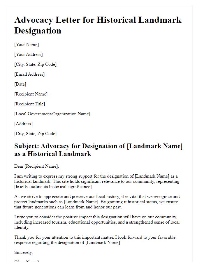 Letter template of historical landmark designation advocacy for local history appreciation