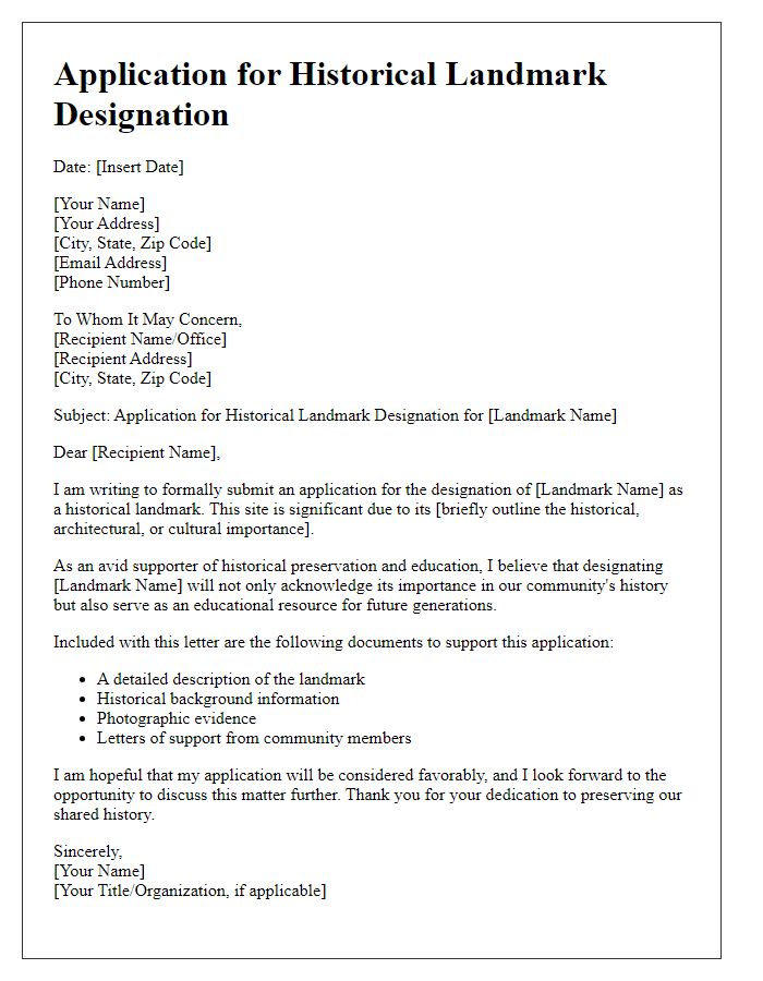 Letter template of historical landmark designation application for educational purposes