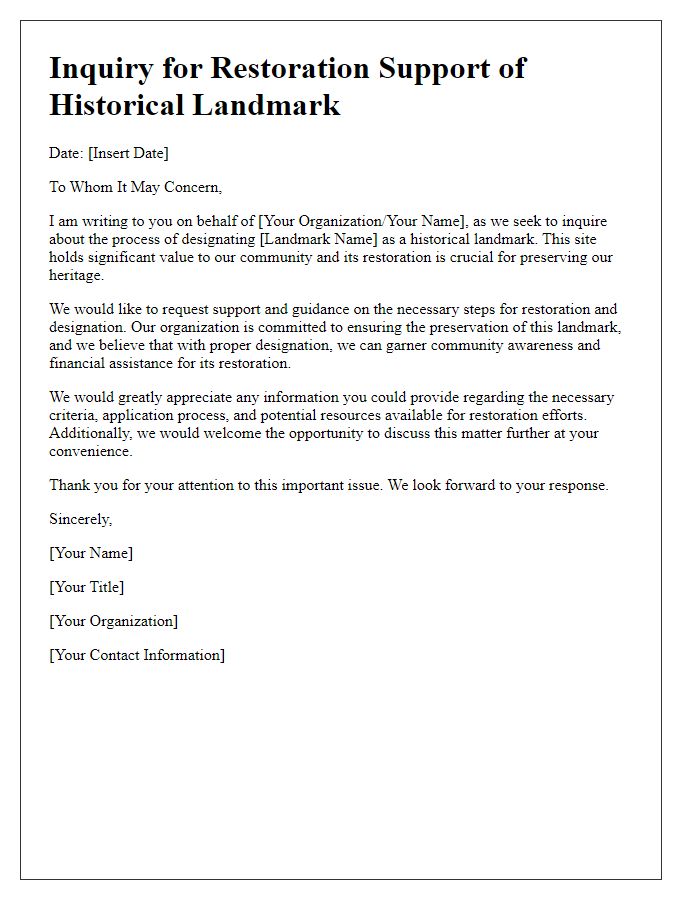 Letter template of historical landmark designation inquiry for restoration support