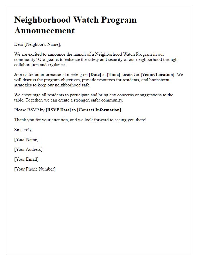 Letter template of neighborhood watch program announcement