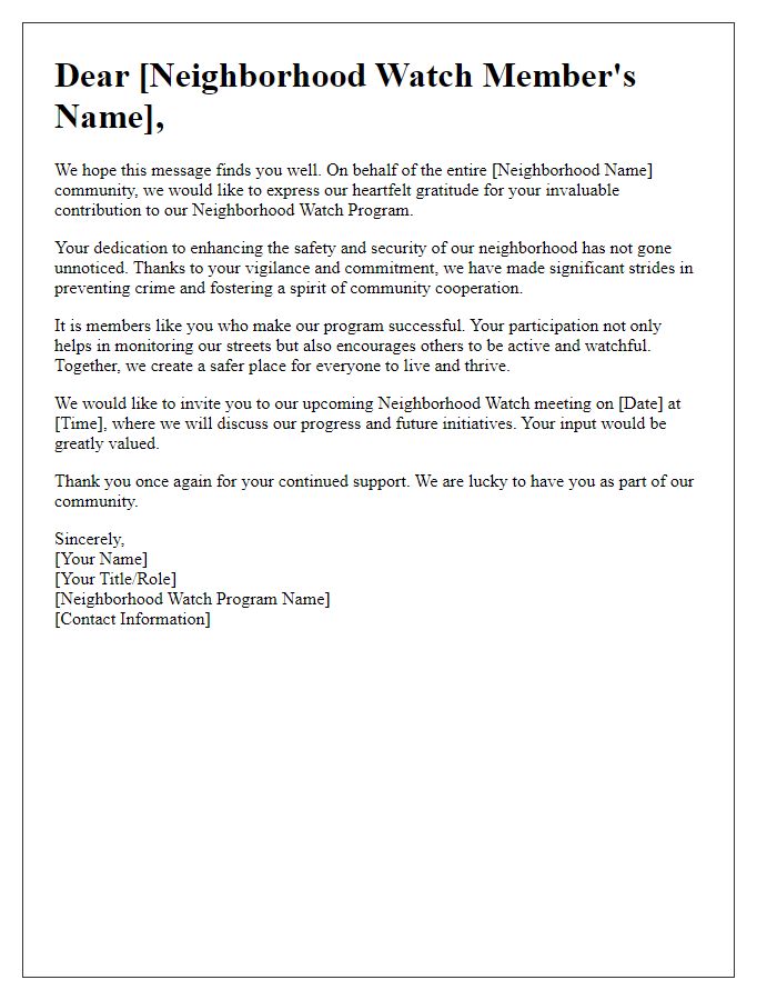 Letter template of neighborhood watch program appreciation