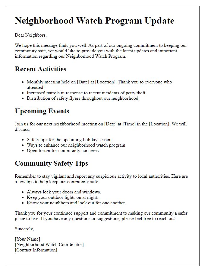 Letter template of neighborhood watch program community update