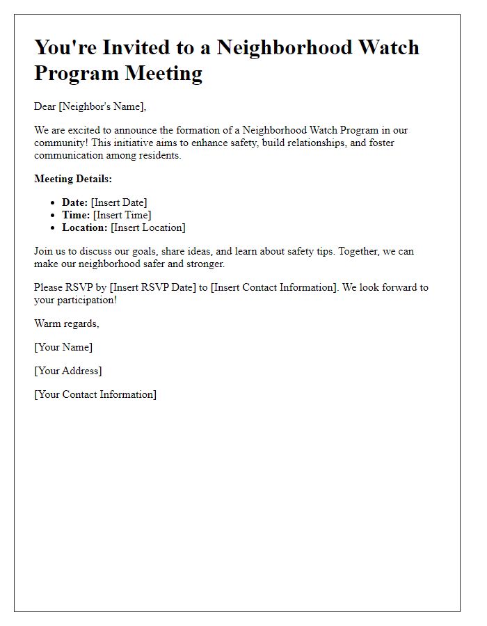 Letter template of neighborhood watch program invitation