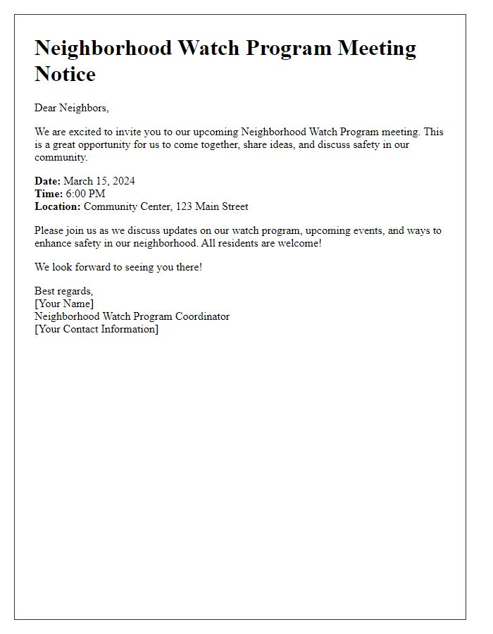 Letter template of neighborhood watch program meeting notice