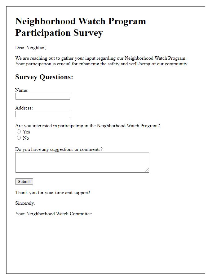 Letter template of neighborhood watch program participation survey