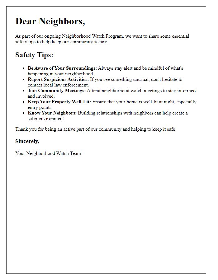 Letter template of neighborhood watch program safety tips