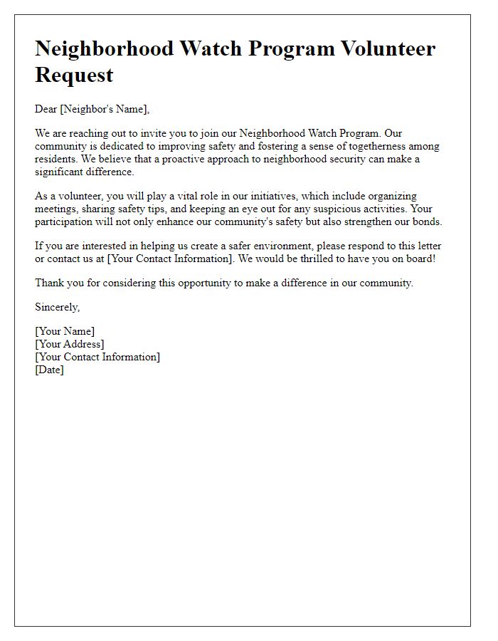 Letter template of neighborhood watch program volunteer request