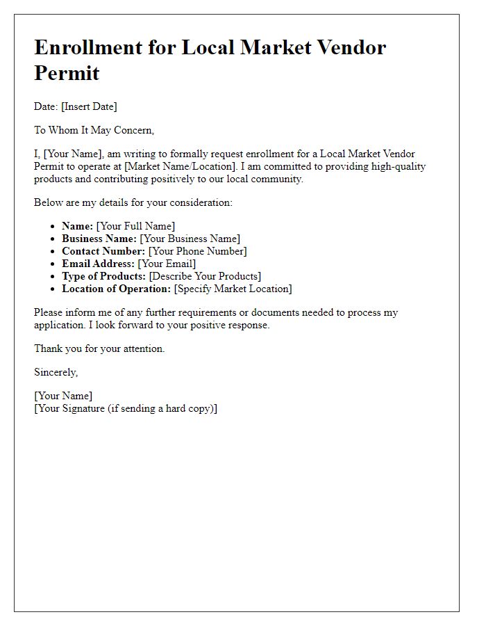 Letter template of Enrollment for Local Market Vendor Permit