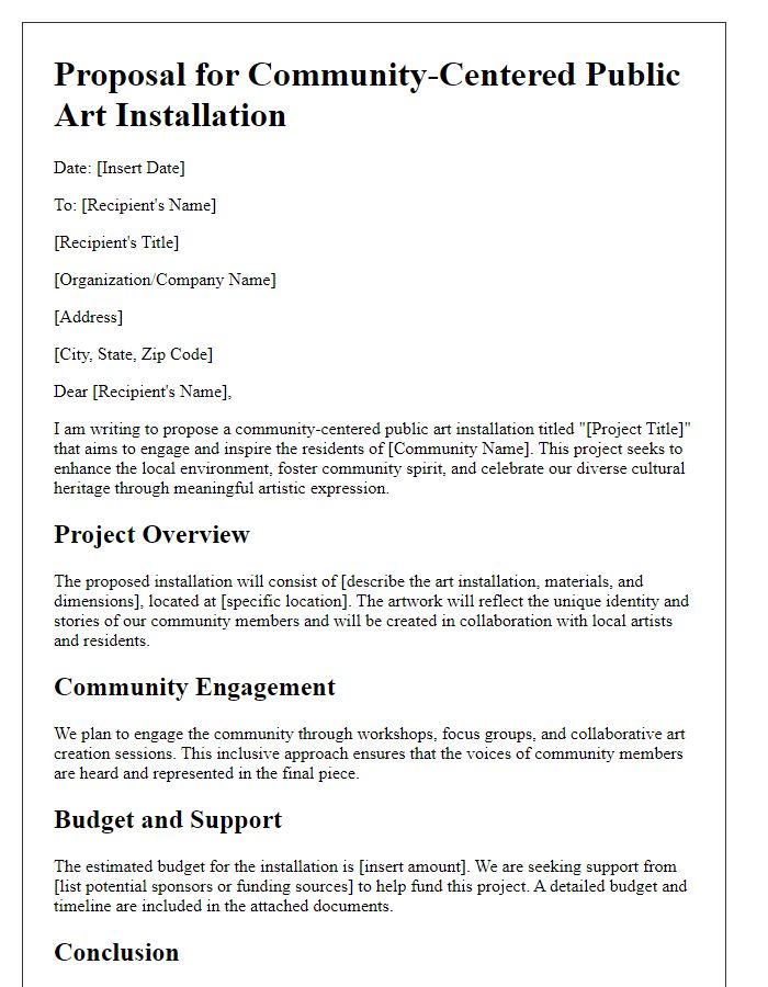 Letter template of community-centered public art installation proposal