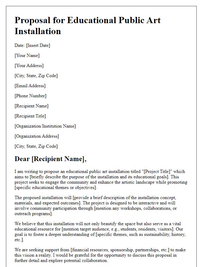 Letter template of educational public art installation proposal