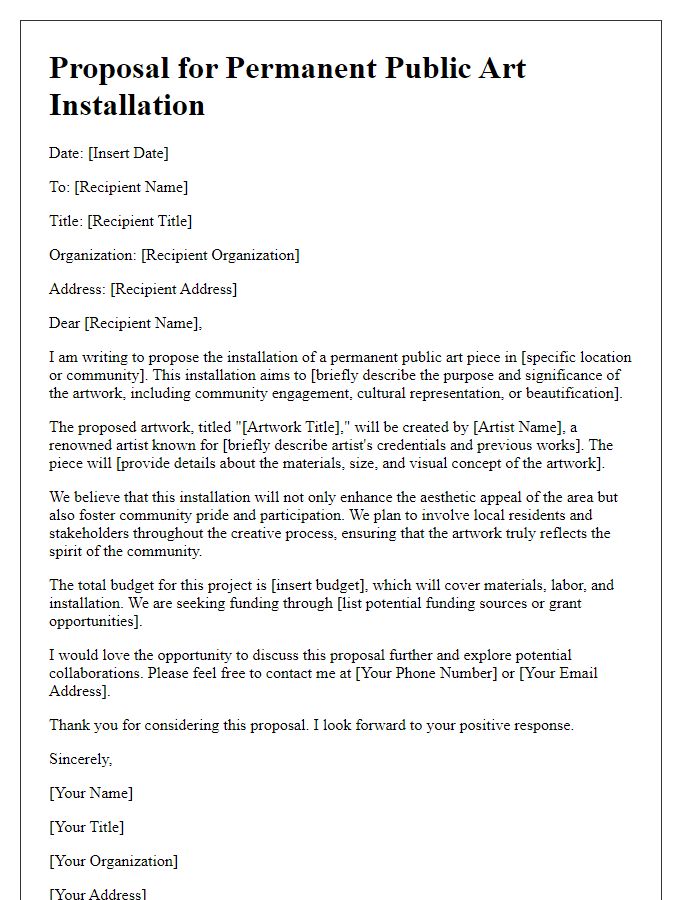 Letter template of permanent public art installation proposal