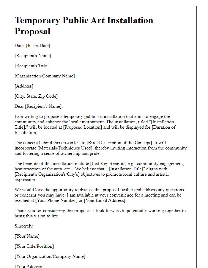 Letter template of temporary public art installation proposal