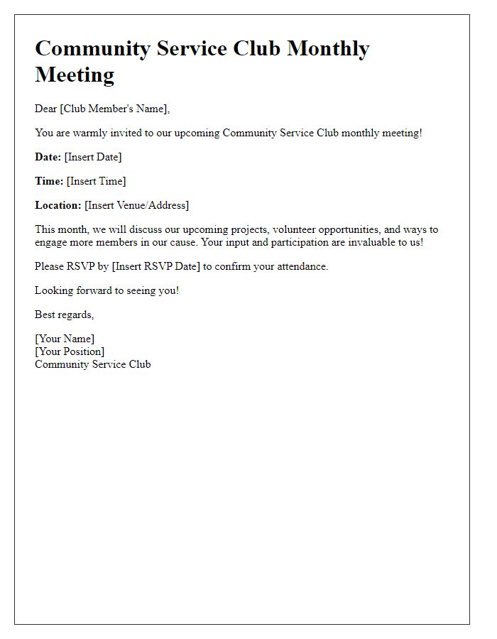 Letter template of a community service monthly club meeting invitation