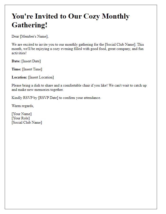 Letter template of a cozy monthly gathering invitation for social club