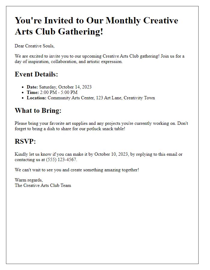 Letter template of a creative arts monthly club gathering invitation