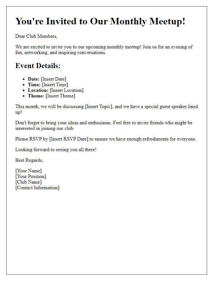 Letter template of an engaging monthly meetup invitation for club members