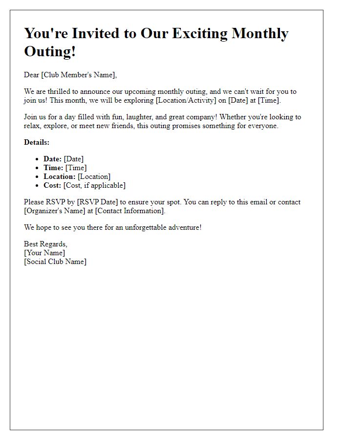 Letter template of an exciting monthly outing invitation for social club