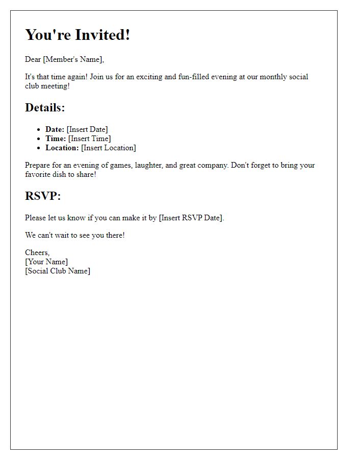 Letter template of a fun-filled monthly social club invitation