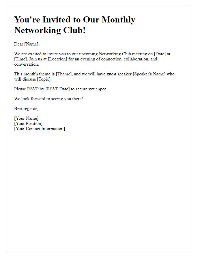 Letter template of a networking-focused monthly club invitation