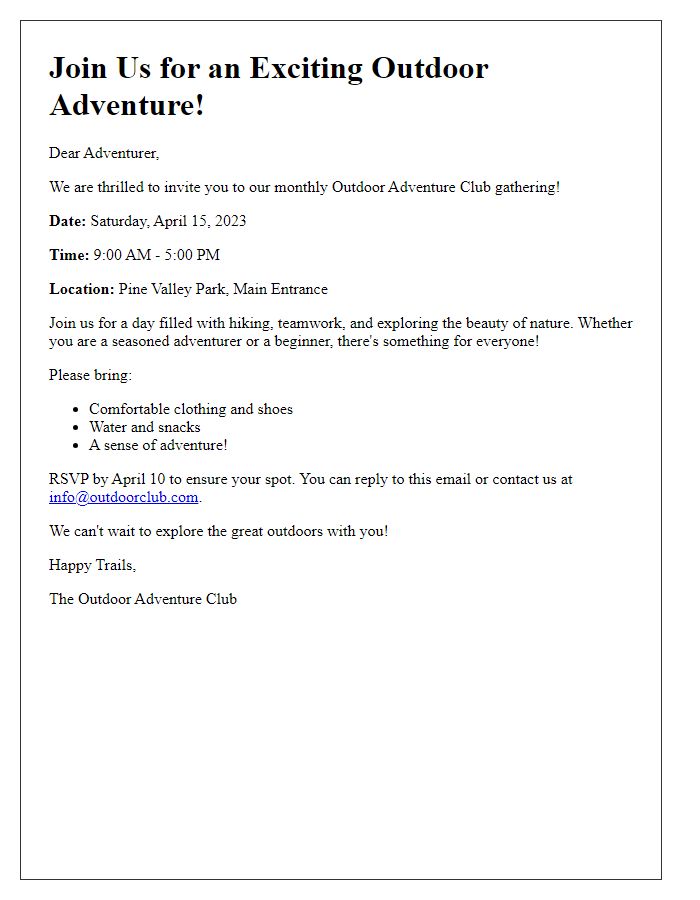 Letter template of an outdoor adventure monthly club invitation