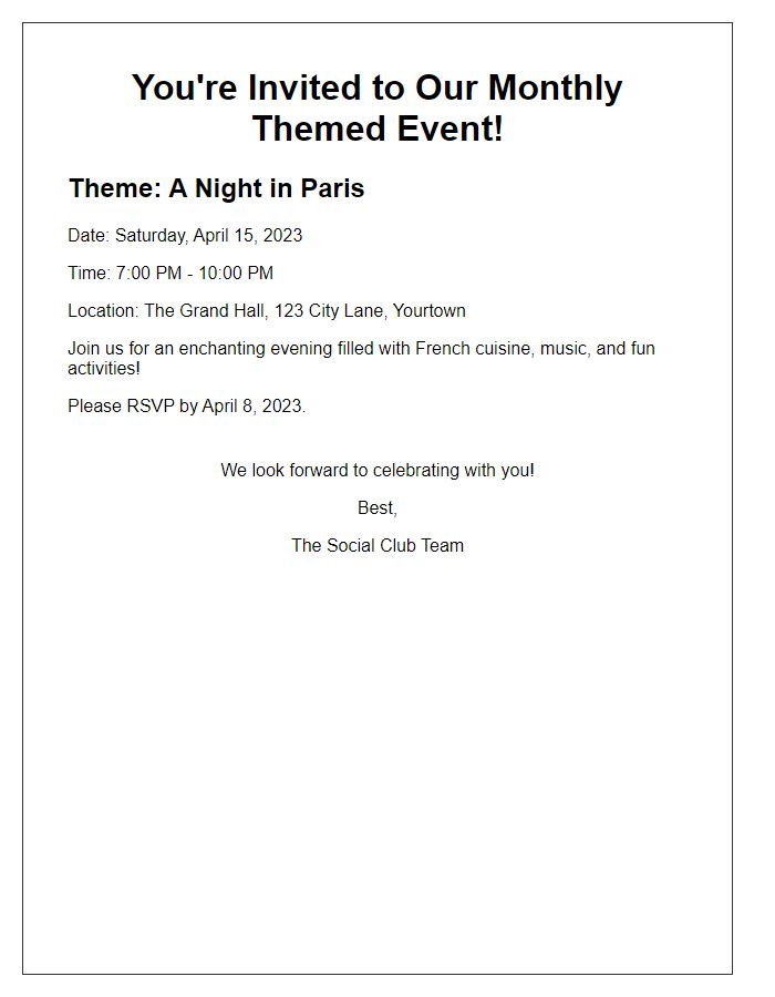 Letter template of a themed monthly event invitation for social club