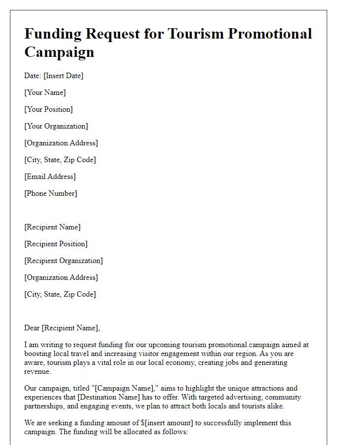 Letter template of funding request for tourism promotional campaigns.