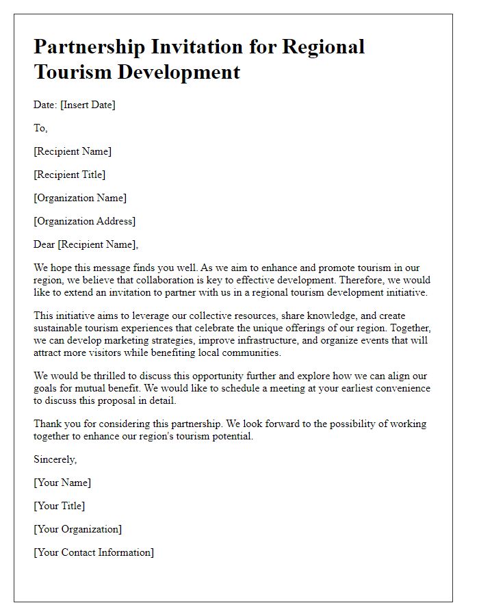 Letter template of partnership invitation for regional tourism development.