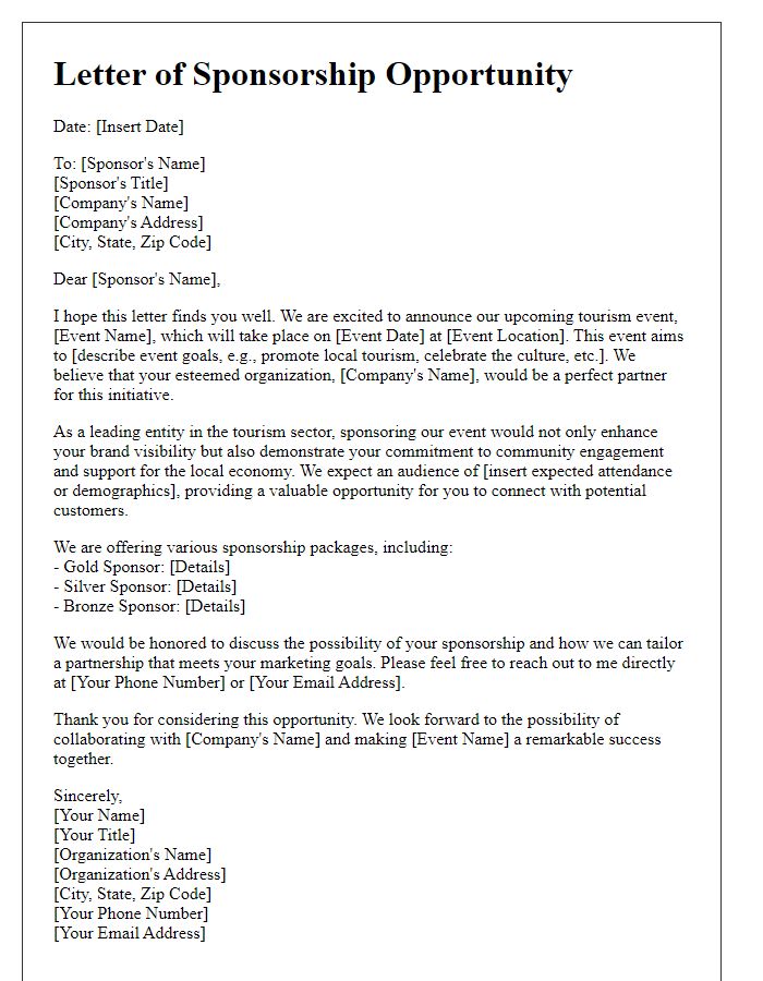 Letter template of sponsorship opportunity for tourism events collaboration.