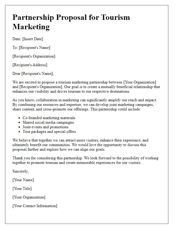 Letter template of tourism marketing partnership for mutual benefits.