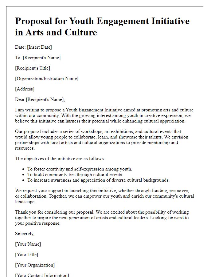 Letter template of youth engagement initiative proposal for arts and culture promotion.