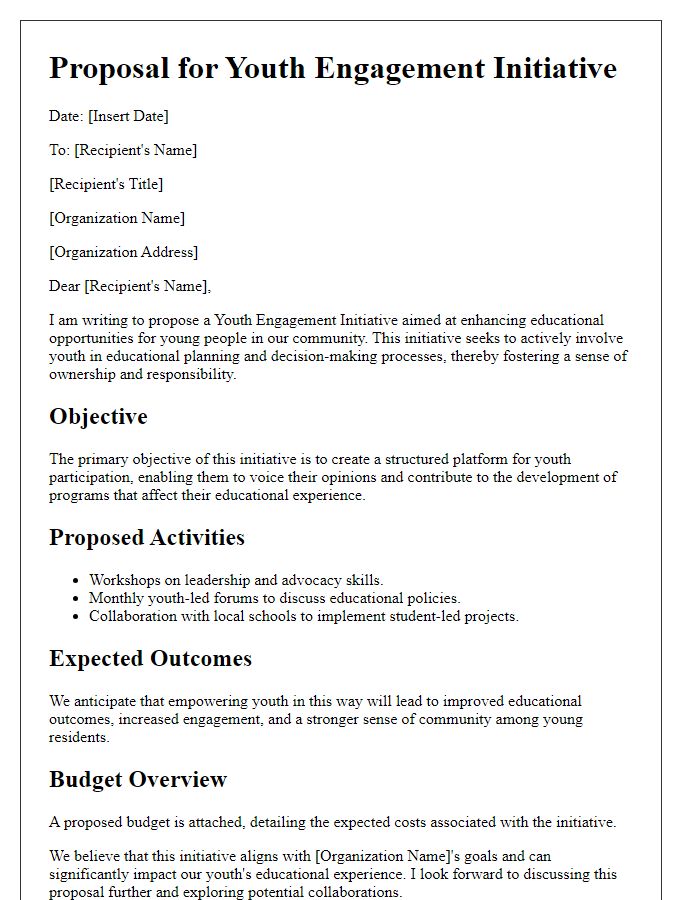 Letter template of youth engagement initiative proposal for educational enhancement.