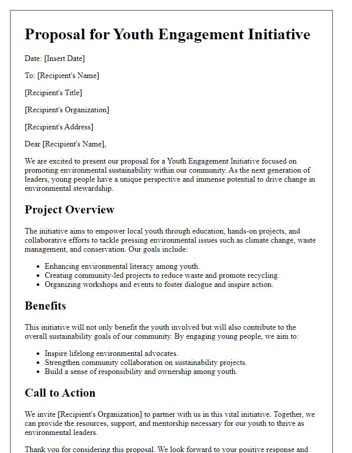 Letter template of youth engagement initiative proposal for environmental sustainability.