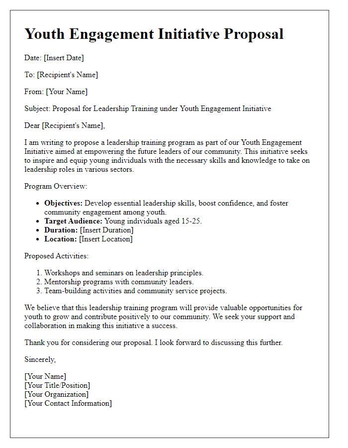 Letter template of youth engagement initiative proposal for leadership training.