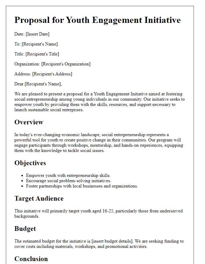 Letter template of youth engagement initiative proposal for social entrepreneurship.